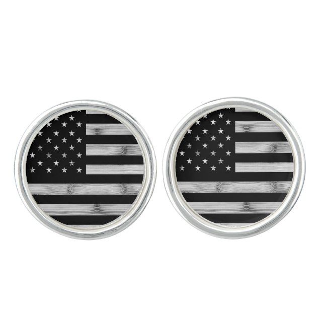 USA flag Rustic Wood Black White Patriotic America Cufflinks (Front)