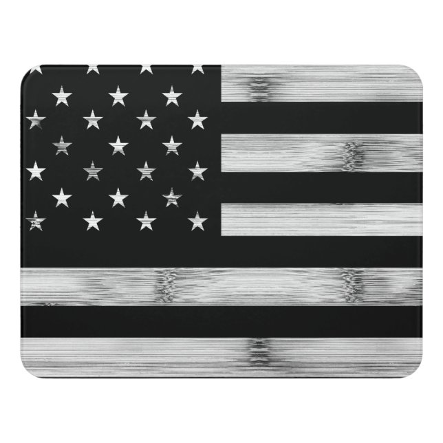 USA flag Rustic Wood Black White Patriotic America Door Sign (Contemporary Front)