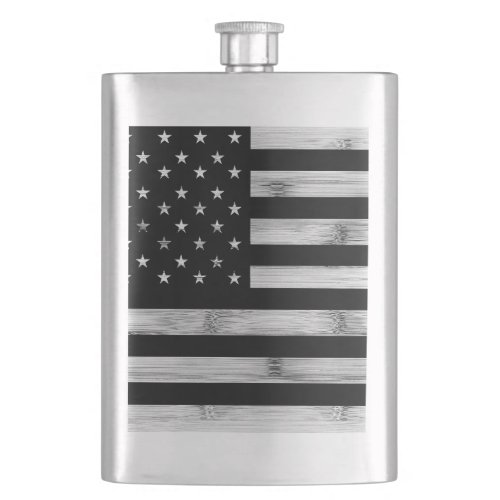 USA flag Rustic Wood Black White Patriotic America Flask