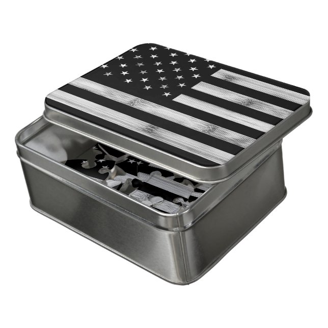 USA flag Rustic Wood Black White Patriotic America Jigsaw Puzzle (Lid Open)