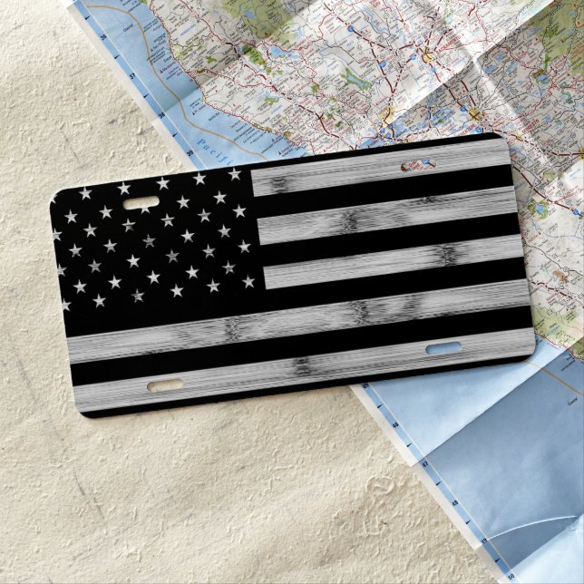 USA flag Rustic Wood Black White Patriotic America License Plate (In Situ)