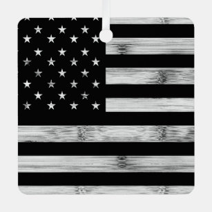 USA flag Rustic Wood Black White Patriotic America Metal Ornament