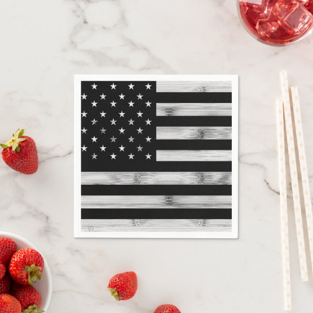 USA flag Rustic Wood Black White Patriotic America Napkins (Insitu)