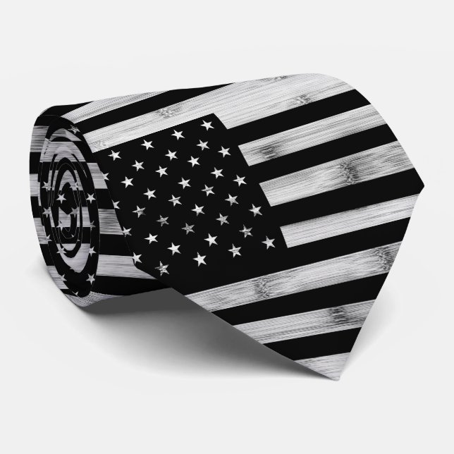 USA flag Rustic Wood Black White Patriotic America Neck Tie (Rolled)