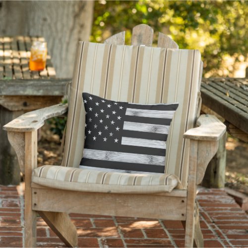USA flag Rustic Wood Black White Patriotic America Outdoor Pillow