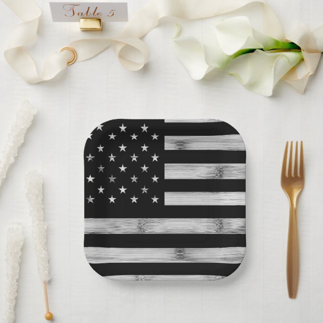 USA flag Rustic Wood Black White Patriotic America Paper Plates (Wedding)