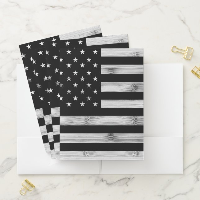 USA flag Rustic Wood Black White Patriotic America Pocket Folder (In Situ)