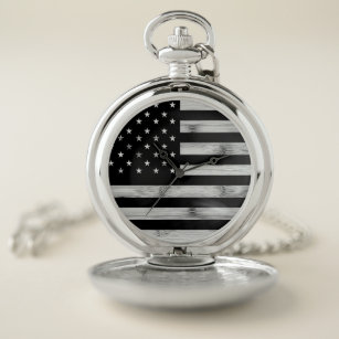 USA flag Rustic Wood Black White Patriotic America Pocket Watch