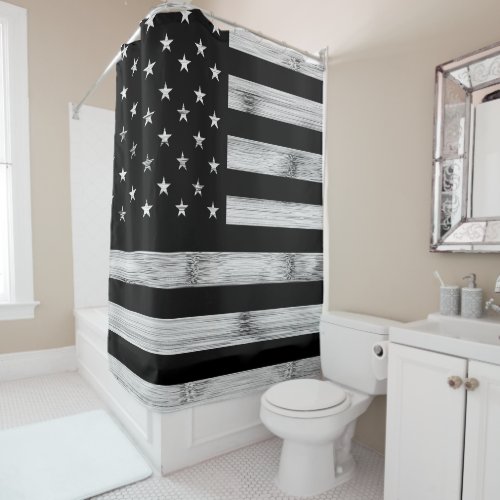 USA flag Rustic Wood Black White Patriotic America Shower Curtain