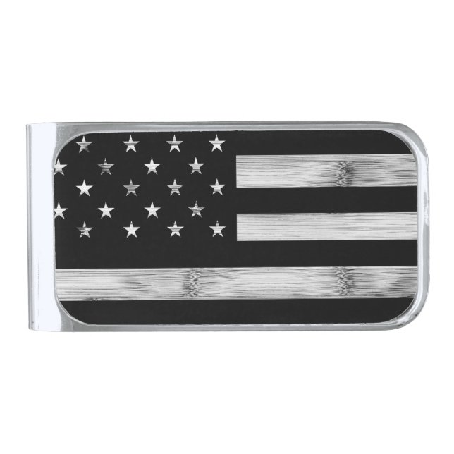 USA flag Rustic Wood Black White Patriotic America Silver Finish Money Clip (Front)