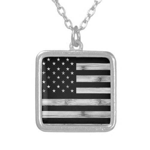 USA flag Rustic Wood Black White Patriotic America Silver Plated Necklace