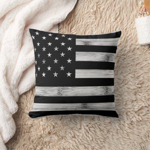 USA flag Rustic Wood Black White Patriotic America Throw Pillow