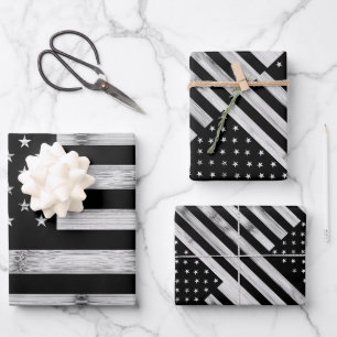 USA flag Rustic Wood Black White Patriotic America Wrapping Paper Sheets