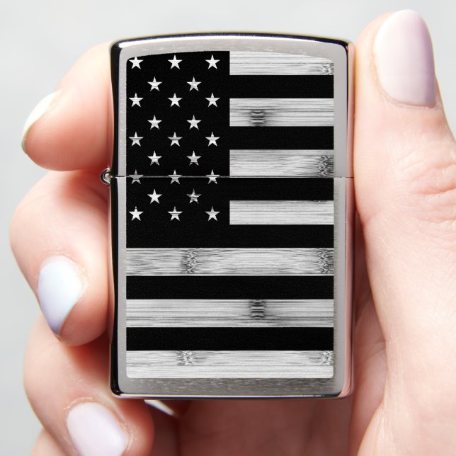 USA flag Rustic Wood Black White Patriotic America Zippo Lighter (In Hand)