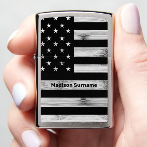 USA flag Rustic Wood Black White Patriotic w name Zippo Lighter