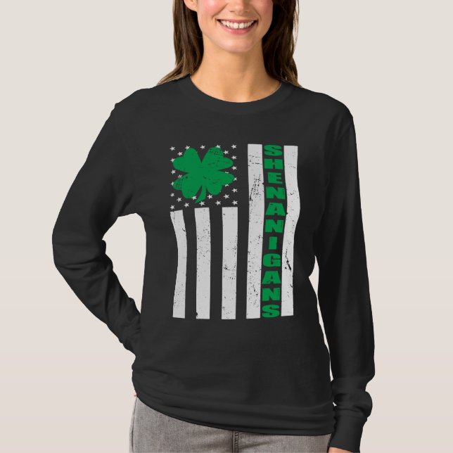 USA Flag Shenanigans Saint Patricks Day Shamrock T-Shirt (Front)