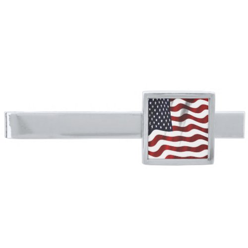 USA Flag Silver Finish Tie Clip