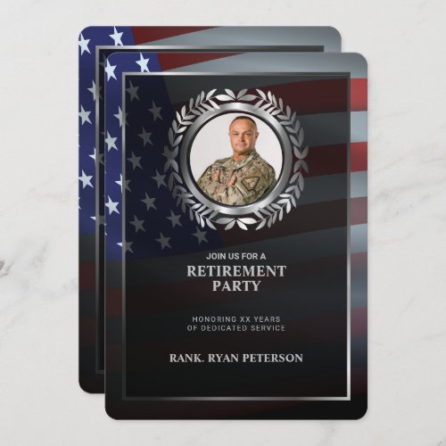 USA Flag  Silver Laurel Leaf  Luxury Retirement Invitation
