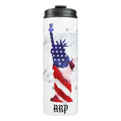  USA Flag Silver Stars Clouds Statue of Liberty Thermal Tumbler