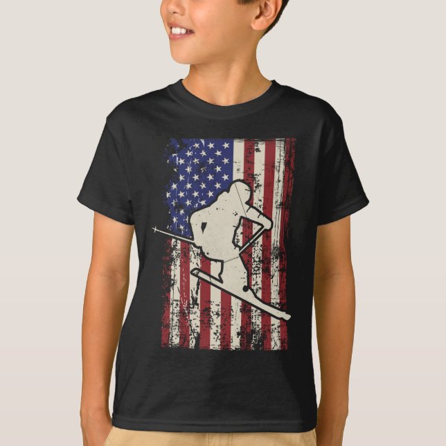 Usa Flag Ski Skiing &amp; Skiier Long Sleeve  T-Shirt (Front)