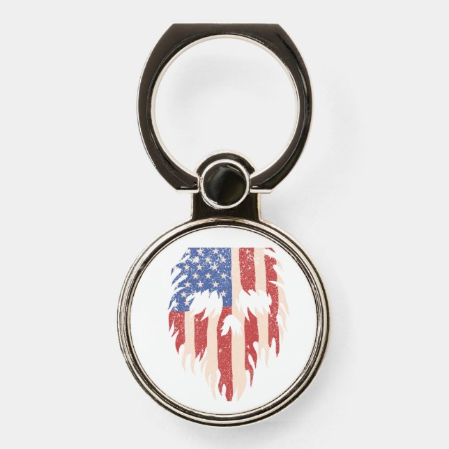 USA Flag Skull Beard | Distressed Patriotic Design Phone Ring Stand (Front)