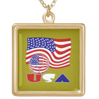 USA Flag Soccer Ball Golden Background Gold Plated Necklace