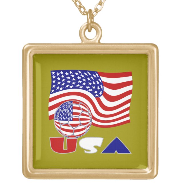 USA Flag Soccer Ball Golden Background Gold Plated Necklace (Front)