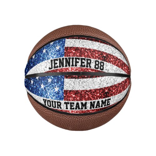 USA flag sparkles bling Custom name and Your Team Mini Basketball
