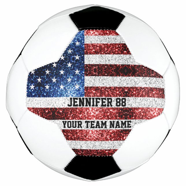 USA flag sparkles bling Custom name and Your Team Soccer Ball (Front)