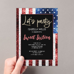 USA flag sparkles Sweet 16 Birthday Lets party Acrylic Invitations