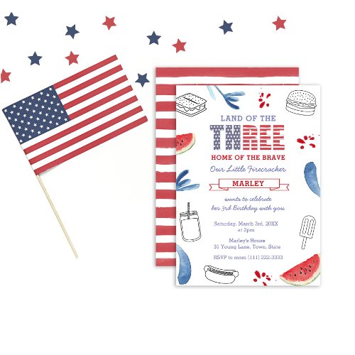 USA Flag Stars and Stripes 3rd Birthday Party Invitation