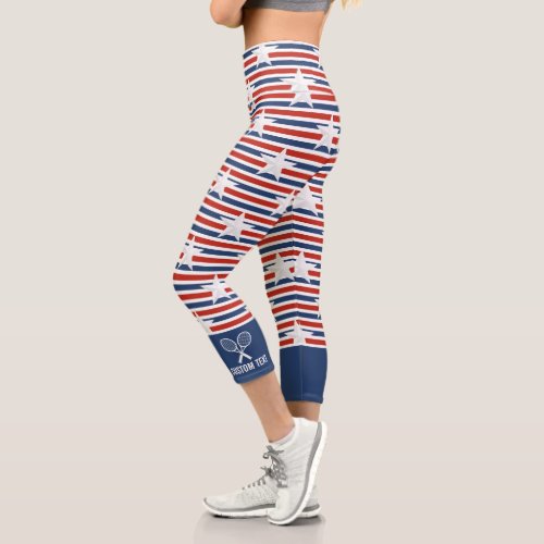USA Flag Stars Stripe Print Custom Tennis Logo Capri Leggings