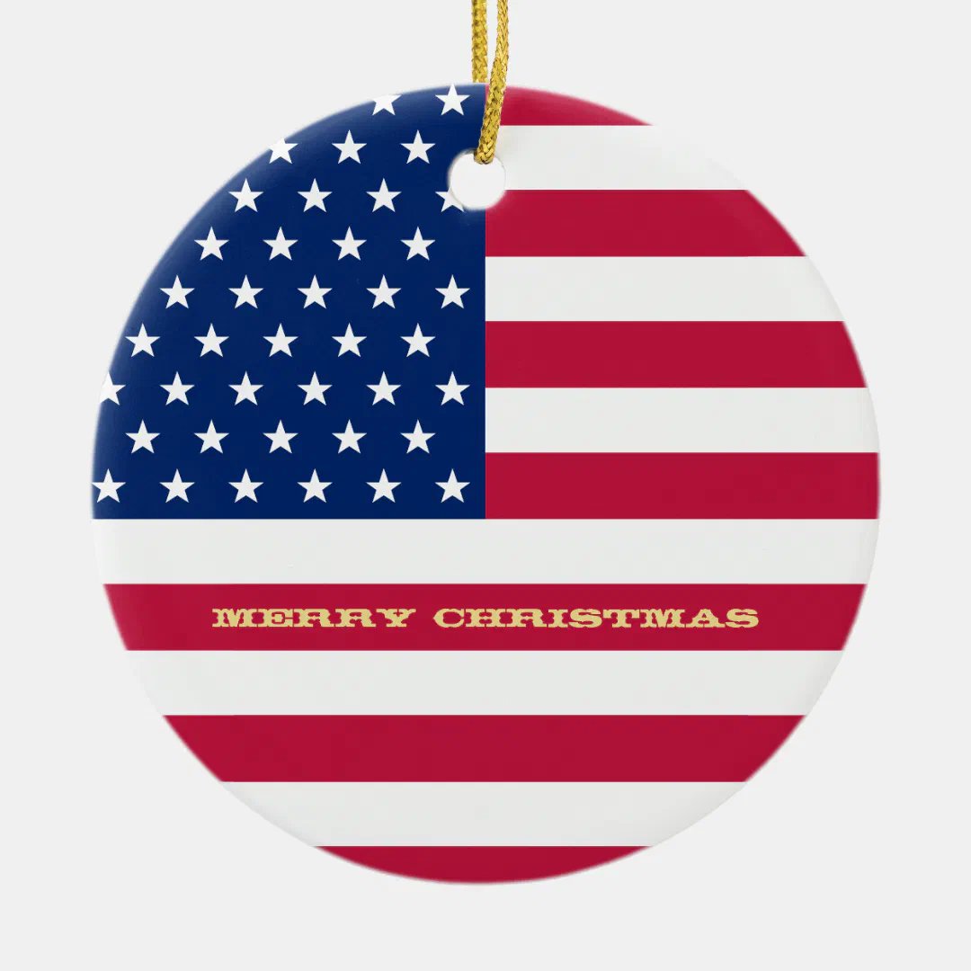 USA Flag Stars Stripes America Patriotic Christmas Ceramic Ornament (Front)