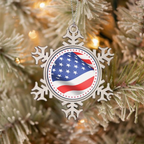 USA Flag Stars Stripes America Patriotic Christmas Snowflake Pewter Christmas Ornament