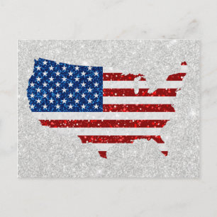 USA Flag Stars & Stripes July 4th Glitter Postcard