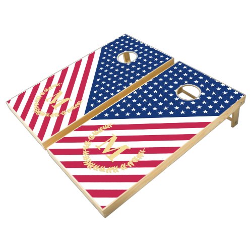 USA Flag Stars Stripes Monogrammed Weddings Party  Cornhole Set