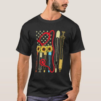 Usa Flag Stethoscope Sunflower Patriotic Nurse 4th T-Shirt