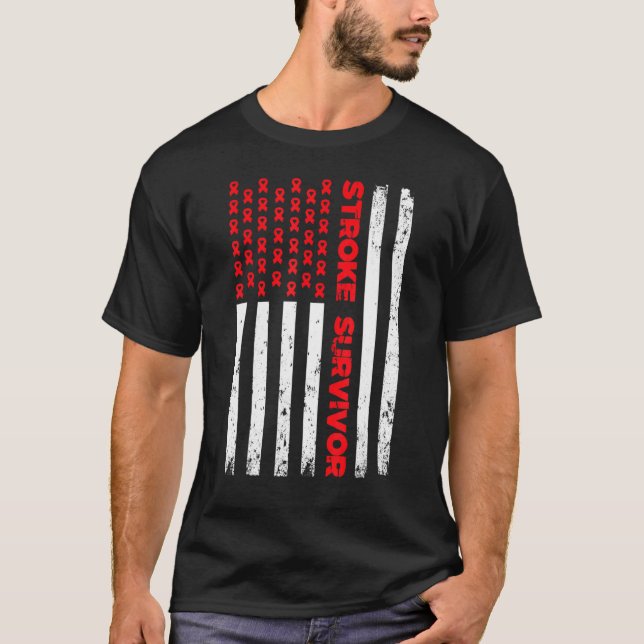 Usa Flag Stroke Survivor Awareness Red Ribbon Brai T-Shirt (Front)