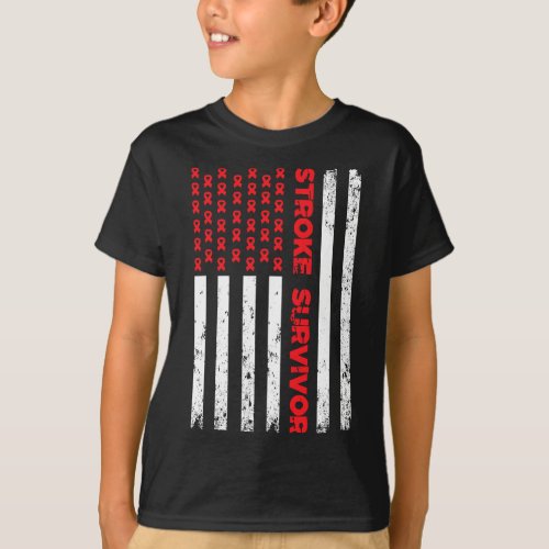 USA Flag Stroke Survivor Awareness Red Ribbon Brai T_Shirt