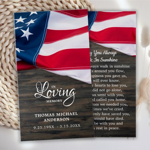 USA Flag Sympathy Funeral Memorial Prayer Card