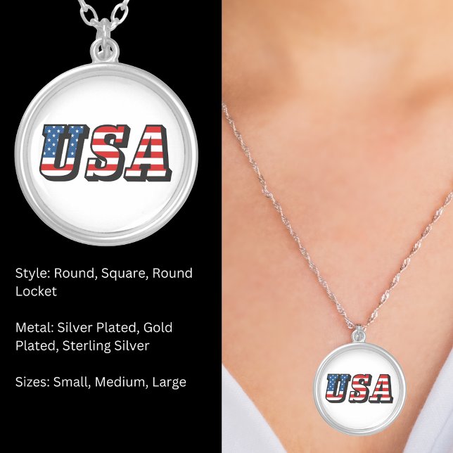 USA Flag Text Round Silver Plated Necklace (USA Flag Text Round Silver Plated Necklace)