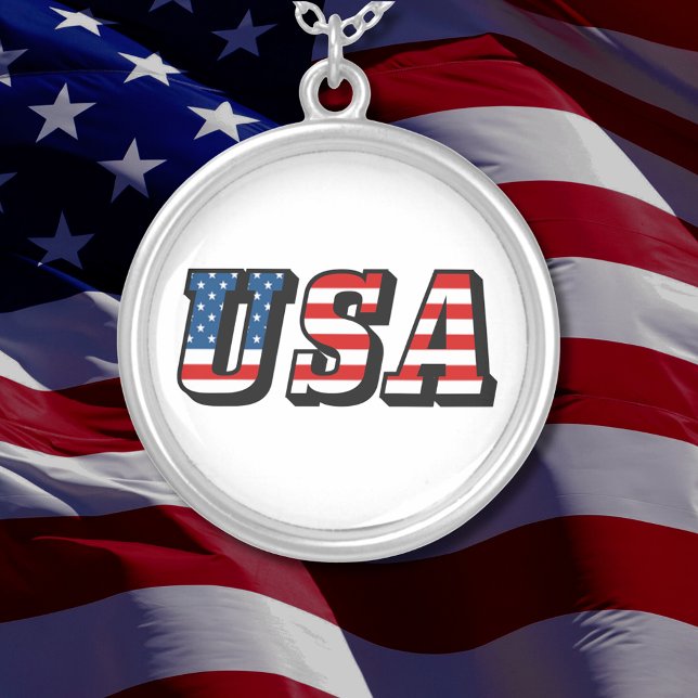 USA Flag Text  Round Silver Plated Necklace (USA Flag Text Round Silver Plated Necklace)