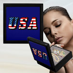 USA Flag Text Trinket Box<br><div class="desc">This product features the colors of the American flag - red, white, and blue. It's a great way to show your love for your country and would be perfect for everyday use or special holidays like the 4th of July, Memorial Day, and Veterans Day. This looks good on any product...</div>