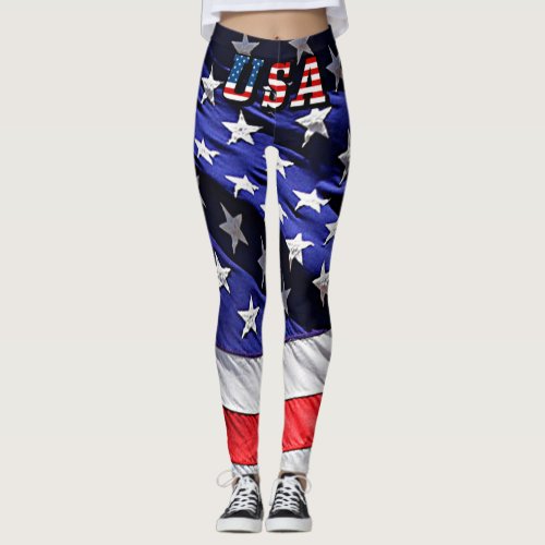 USA Flag Text with the American Flag Leggings