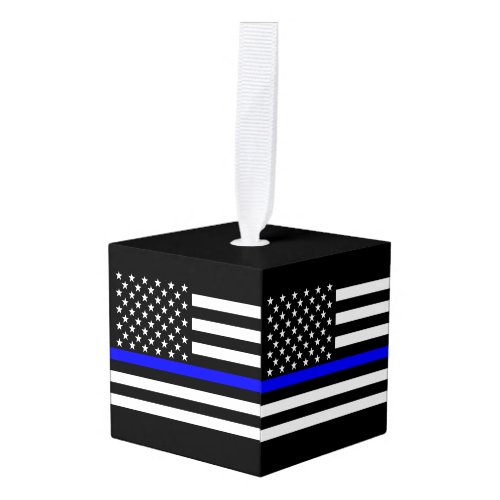 USA Flag Thin Blue Line Symbolic Memorial on a Cube Ornament