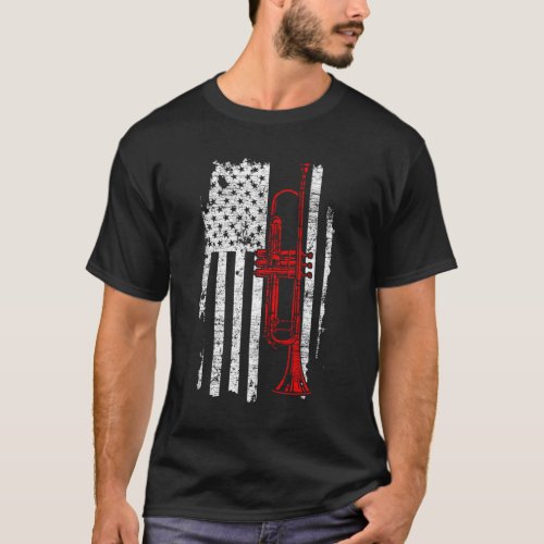 USA Flag Thin Red Line Jazz Music Gifts Trumpet Pu T_Shirt