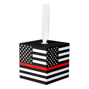 USA Flag Thin Red Line Symbolic Memorial on a Cube Ornament