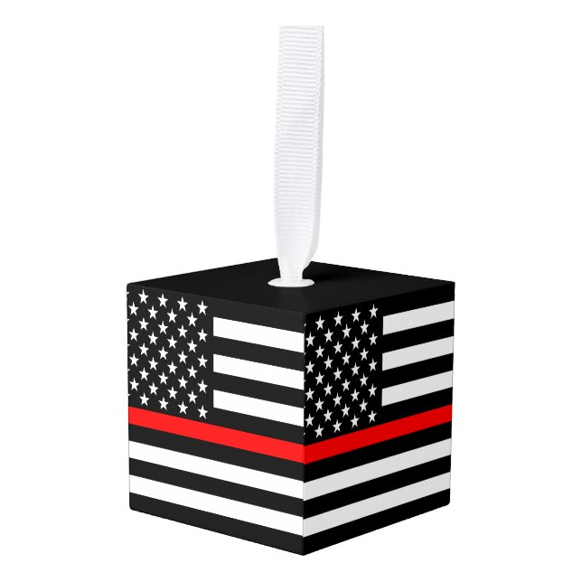 USA Flag Thin Red Line Symbolic Memorial on a Cube Ornament (Front Angled)