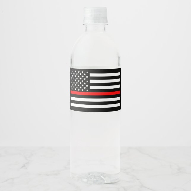 USA Flag Thin Red Line Symbolic Memorial on a Water Bottle Label (Front)