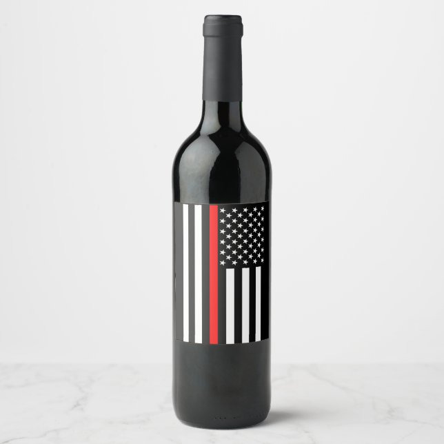 USA Flag Thin Red Line Symbolic Memorial on a Wine Label (Front)